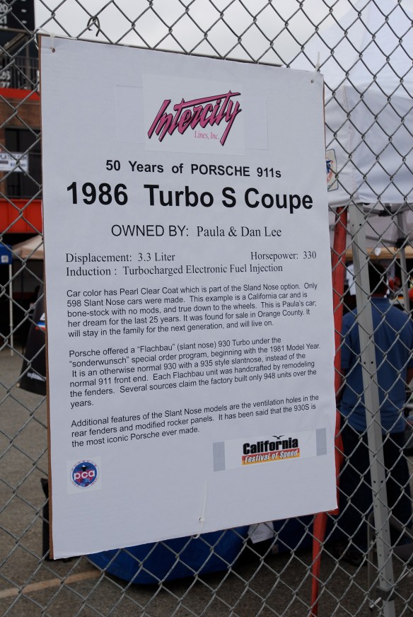 50th anniversary  of the Porsche 911 display_Pearl white 1986 911 Turbo Slope nose Coupe biography _California Festival of Speed_April 6, 2013