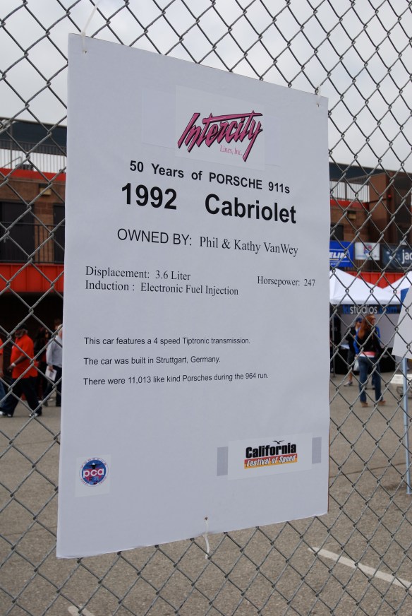 50th anniversary  of the Porsche 911 display_White 1992  964 Cabriolet biography _California Festival of Speed_April 6, 2013