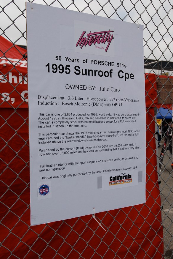50th anniversary  of the Porsche 911 display_Silver 1995  993 coupe biography _California Festival of Speed_April 6, 2013