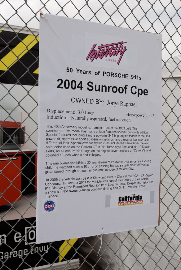50th anniversary  of the Porsche 911 display_ Silver 2004  911 coupe biography_California Festival of Speed_April 6, 2013