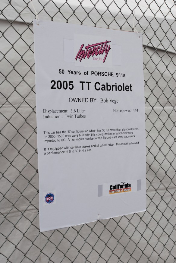 50th anniversary  of the Porsche 911 display_ 2005 911 Turbo Cabriolet biography _California Festival of Speed_April 6, 2013