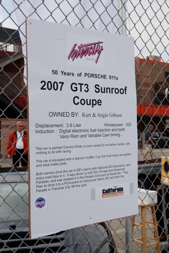 50th anniversary  of the Porsche 911 display_ White 2007 911 GT3 biography_California Festival of Speed_April 6, 2013