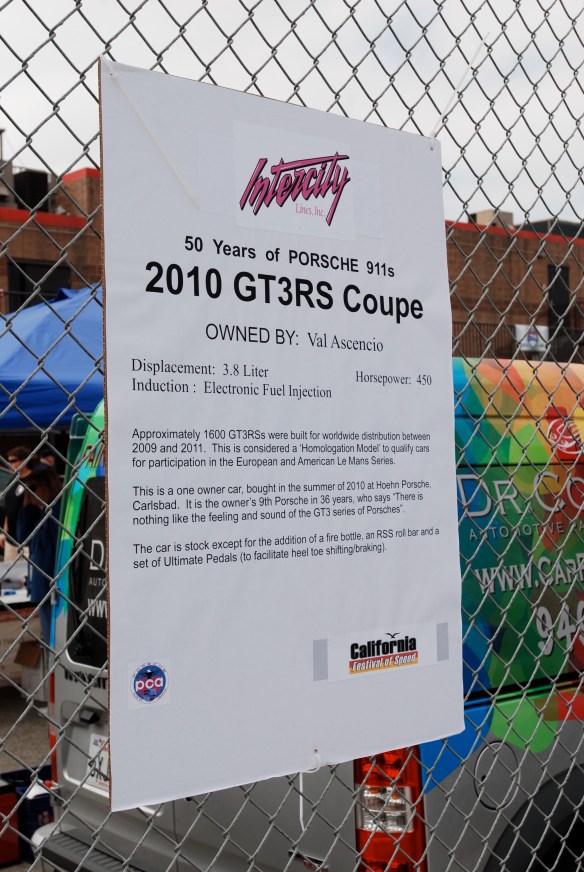 50th anniversary  of the Porsche 911 display_White 2010 911 GT3RS biography_California Festival of Speed_April 6, 2013