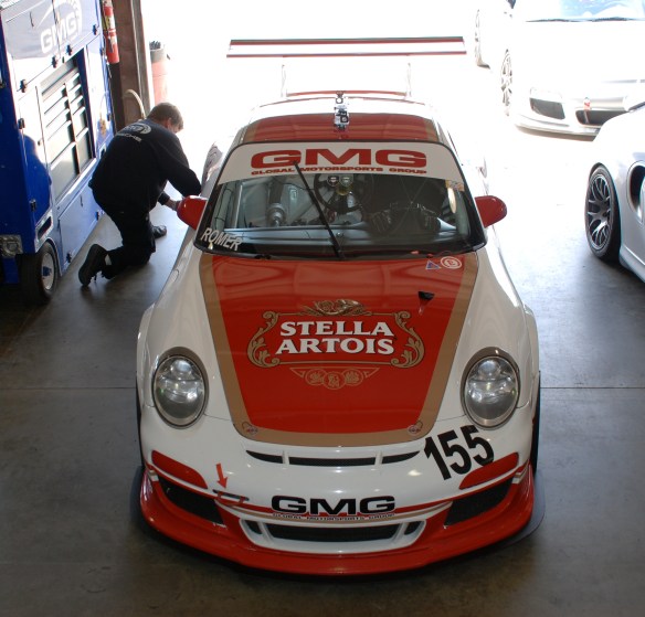 White with red Stella Artois /GMG GT3 Cup car#155_ front view_Garage 3_California Festival of Speed_April 6, 2013