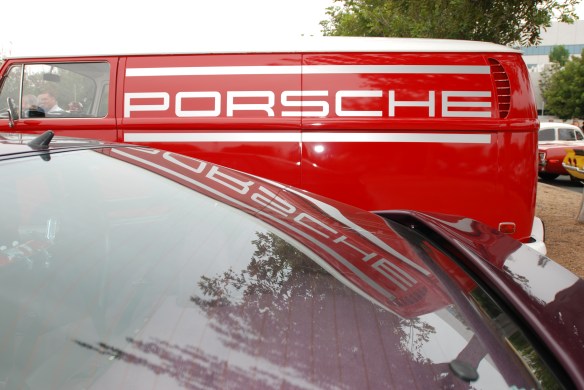 Red VW panel van with Porsche graphic_side view and reflections_Cars&Coffee/Irvine_May 11, 2013