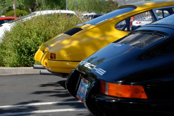 Fly Yellow 1967 Porsche 911R recreation & black 911ST_3/4 rear views_RGruppe Solvang Treffen_May 18, 2013