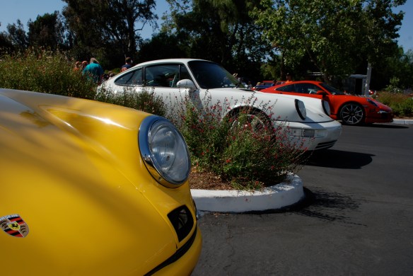 Fly Yellow 911R, white RS America, Red 991_3/4 view front ends , group shot_RGruppe Solvang Treffen_May 18, 2013