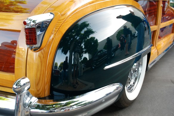 Green vintage Chrysler Town & Country "woody" convertible_rear fender reflections facing forward_Cars&Coffee/Irvine_April 20, 2013