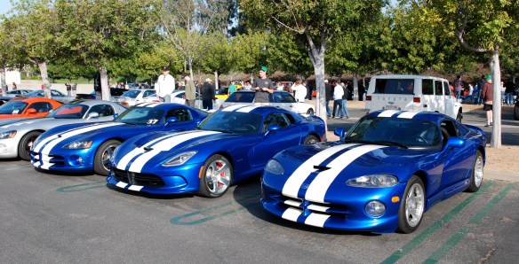 Viper Row_ trio of blue with white striped Dodge viper coupes__2013 SRT in middle_Cars&Coffee/Irvine_April 27, 2013
