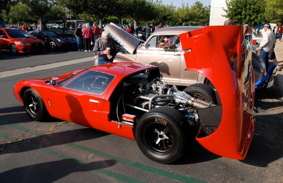Red Ford GT 40 tribute with Gurney/Weslake motor_Rear deck raised_3/4 rear view_Cars&Coffee/Irvine_April 27, 2013