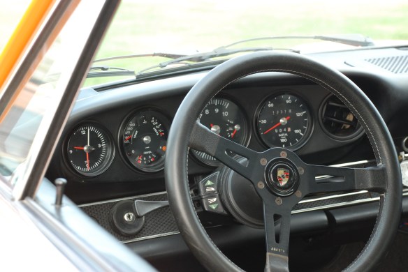 Signal Yellow 1971 Porsche 911ST_steering wheel and dash detail, Porsche row_Boys Republic / Steve McQueen car&motorcycle show _June 1, 2013