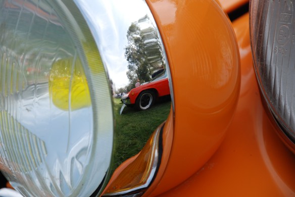 Signal Yellow 1971 Porsche 911ST_fog light trim ring reflection, Porsche row_Boys Republic / Steve McQueen car&motorcycle show _June 1, 2013