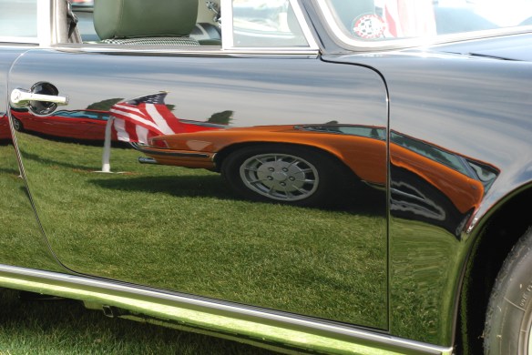 Black 1973 Porsche 911E coupe_side door reflections of Signal Yellow 911, Porsche row_Boys Republic / Steve McQueen car&motorcycle show _June 1, 2013