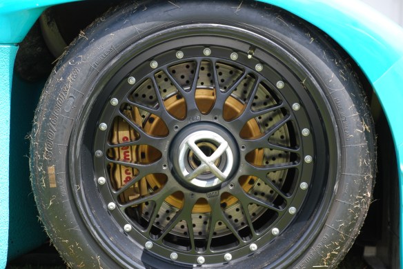 Turquoise blue 1988 Porsche Kremer 962C Leyton House coupe _front BBS wheel and brake detail shot _Boys Republic / Steve McQueen car&motorcycle show _June 1, 2013
