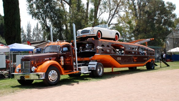 Dunkel Bros. classic car carrier with cars__3/4 side view_Boys Republic / Steve McQueen car&motorcycle show _June 1, 2013