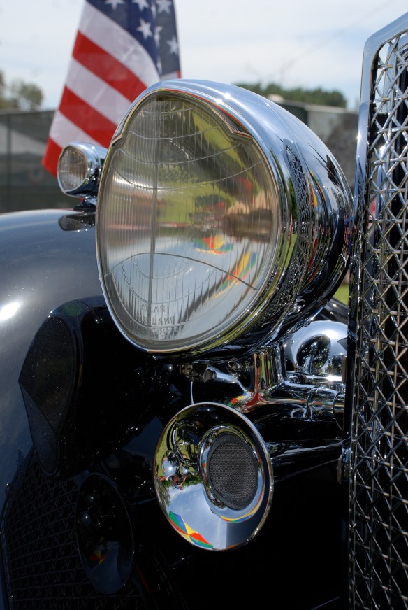 Black 1934 Packard Super 8 Dual Cowl Phaeton_front fender, headlight and horn reflections_Boys Republic / Steve McQueen car&motorcycle show _June 1, 2013