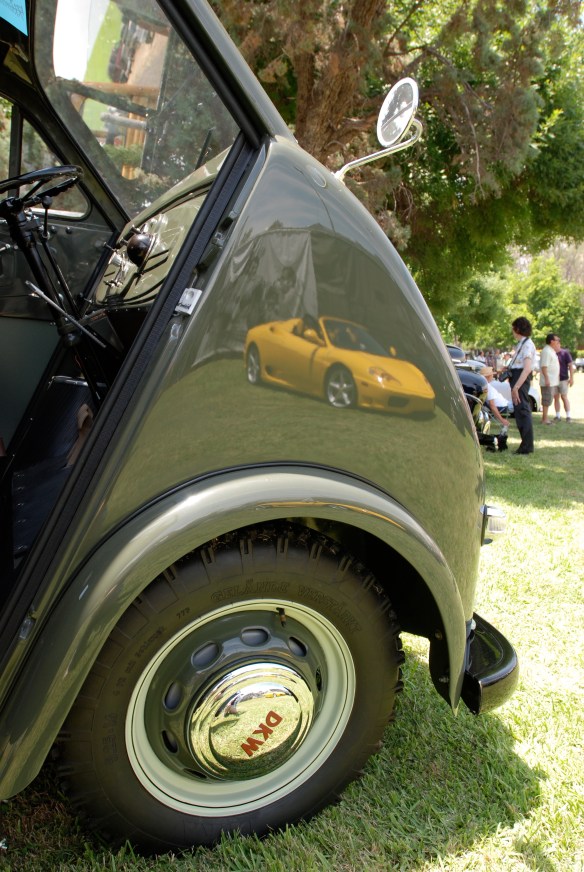 Two toned green, 1956 DKW Schnellaster Kastenwagen_front fender with yellow Ferrari reflection_Boys Republic / Steve McQueen car&motorcycle show _June 1, 2013