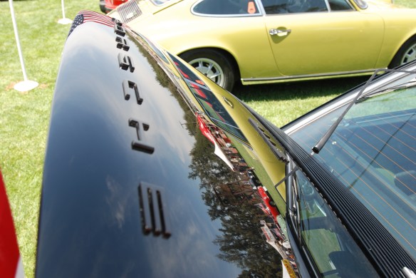 Black 1973 Porsche 911E coupe_rear decklid reflections, Porsche row_Boys Republic / Steve McQueen car&motorcycle show _June 1, 2013