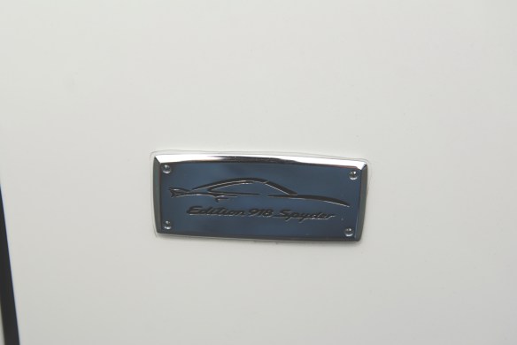 White Porsche 997 Turbo S, Edition 918 Spyder_ front fender badge_cars&coffee_July 6, 2013