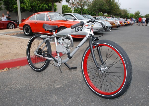 Dutchman Motorbikes_James Dean tribute bike, 3/4 side view with Porsche background_cars&coffee_ July 13, 2013