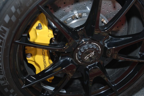 White Porsche GT3RS4.0_black wheel with yellow Porsche PCCB caliper rotor_cars&coffee_ July 13, 2013