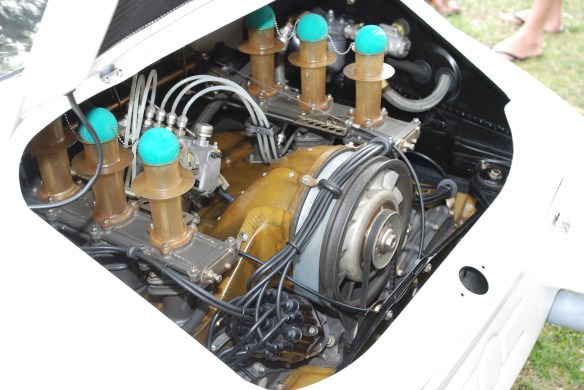 White 1967 Porsche 911R_2.0 liter race motor w/ 910 slide valve fuel injection_3/4 rear view_356 Club of California Dana Point Concours_ July 21, 2013