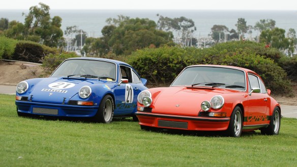 A pair of 1973 Porsche 911 Carrera's_RS and RSR_ with hidden spectator_356 Club of California Dana Point Concours_ July 21, 2013