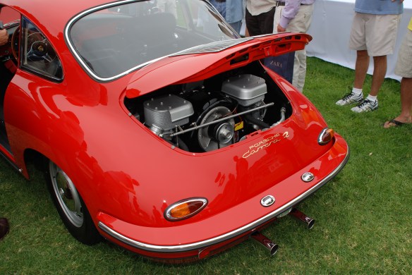 1964 Signal Red Porsche 356 Carrera 2_ 3/4 rear view and Motor_356 Club of California Dana Point Concours_ July 21, 2013