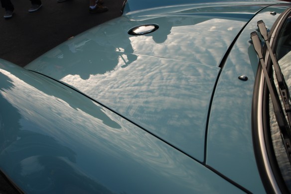Pale blue Singer Porsche 911_front hood and fender, high cloud reflections_Cars&Coffee_August 31, 2013