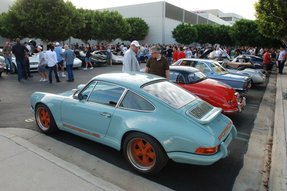 Pale blue Singer Porsche 911_3/4 rear view with reflections_Cars&Coffee_August 31, 2013