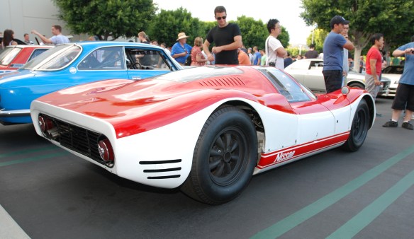 Red & white 1967 Nissan R380-II sports prototype_3/4 rear view_ Cars&Coffee_August 31, 2013