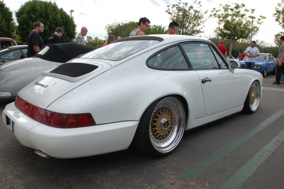 Lowered White Porsche 964 Carrera 2 coupe_3/4 rear view_Cars&Coffee_August 31, 2013