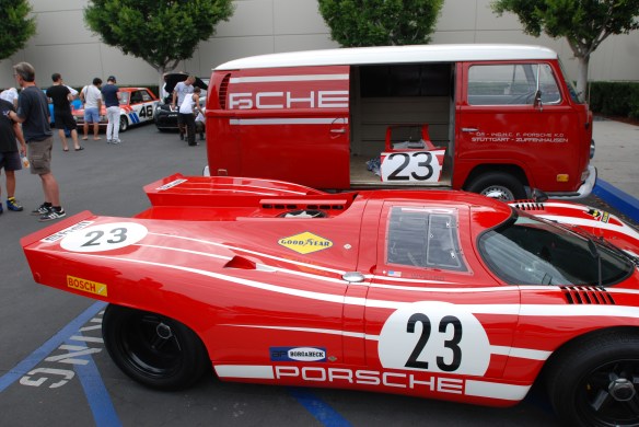 Red Porsche 917 recreation with team VW support van_ spare 917 door panel in open van_Cars&Coffee_ August 31, 2013