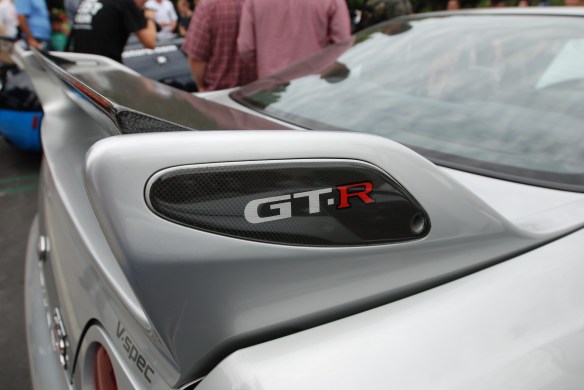 Silver right hand drive Nissan Skyline GTR_ rear wing detail & endplate_Cars&Coffee_August 31, 2013