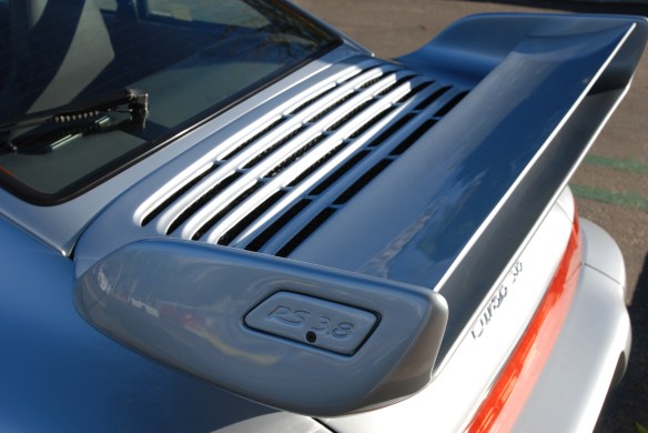 Silver 1993-94 Porsche 964 Turbo 3.6_RS 3.8 rear wing detail_cars&coffee/irvine_10/05/13