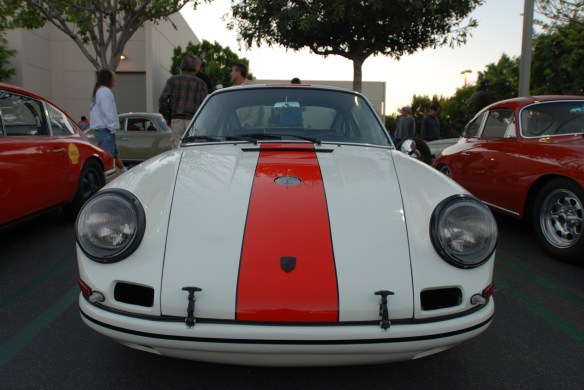 White with blood orange striped, 1967 Porsche 911R tribute_ front view_cars&coffee_10/19/13