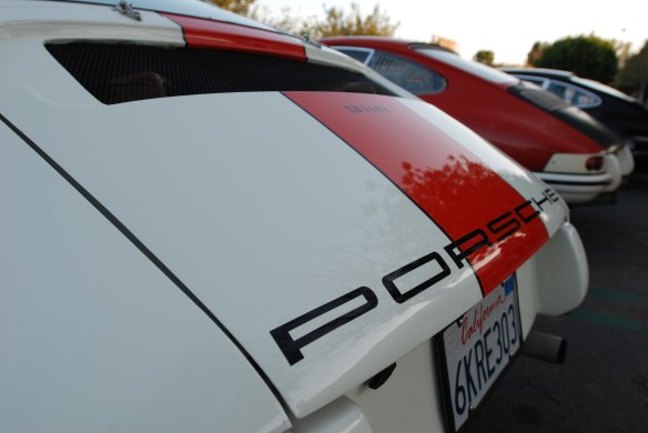 White with blood orange striped, 1967 Porsche 911R tribute_ 3/4 rear view_cars&coffee_10/19/13