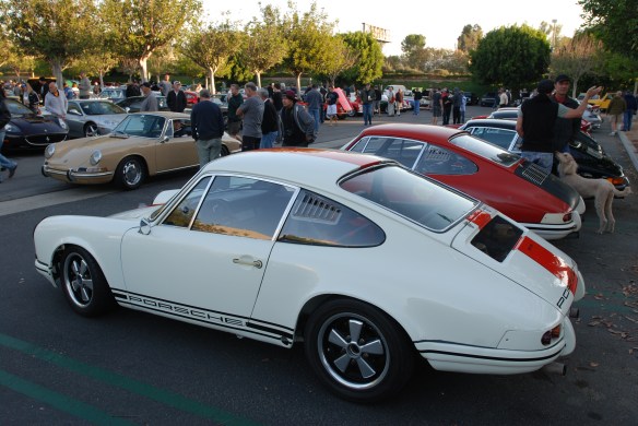 White with blood orange striped, 1967 Porsche 911R tribute_3/4 rear view with friends_cars&coffee_10/19/13