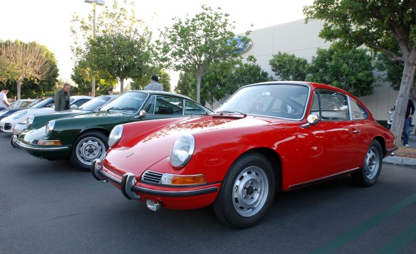 Polo Red 1966 Porsche 911 coupe and Irish Green 1968 Porsche 912 coupe_3/4 front view_cars&coffee/Irvine_10/19/13