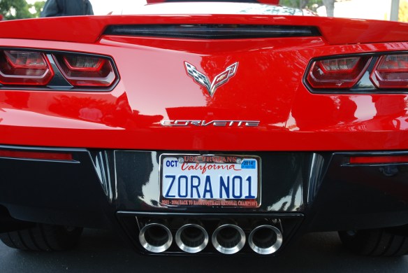 2014 Torch red Corvette Sting Ray_ rear view with reflections and ZORA NO1 license plate_cars&coffee/irvine_November 2, 2013