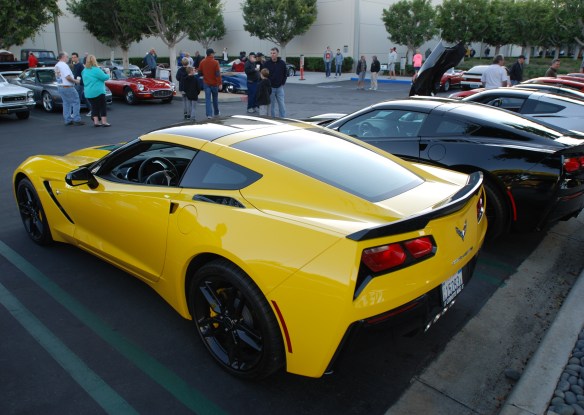 2014 Velocity Yellow Corvette Sting Ray_ 3/4 rear view_cars&coffee/irvine_November 2, 2013