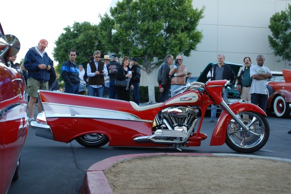 Red & cream,1957 Chevrolet Bel Air inspired Harley Davidson motorcycle__side view_cars&coffee/irvine_November 2, 2013