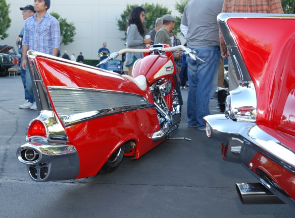 Red & cream,1957 Chevrolet Bel Air inspired Harley Davidson motorcycle__rear view, motorcycle and car_cars&coffee/irvine_November 2, 2013