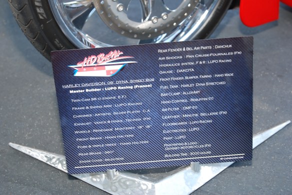 Red & white,1957 Chevrolet Bel Air inspired Harley Davidson motorcycle__show sign_cars&coffee/irvine_November 2, 2013