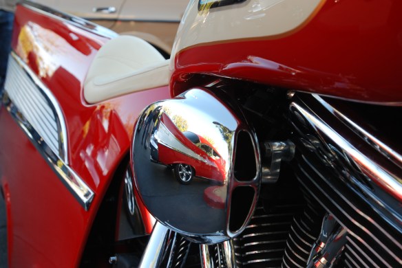 Red & cream,1957 Chevrolet Bel Air inspired Harley Davidson motorcycle__close up motor reflections_cars&coffee/irvine_November 2, 2013