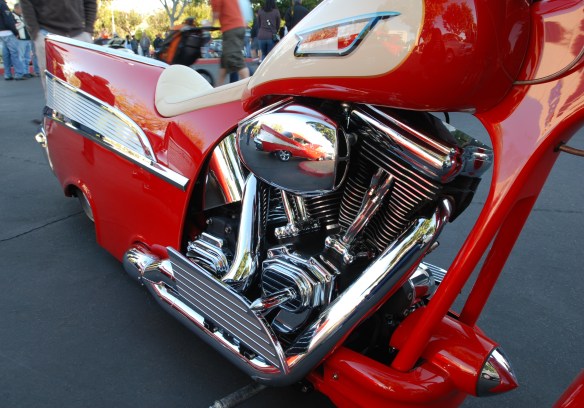 Red & cream,1957 Chevrolet Bel Air inspired Harley Davidson motorcycle__side view and motor reflections_cars&coffee/irvine_November 2, 2013