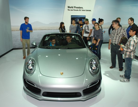 World premier, Silver 2014 Porsche Type 991, 911 Turbo Cabriolet_ front view_LA Auto show_November 23, 2013 World premier, Silver 2014 Porsche Type 991, 911 Turbo Cabriolet_ front view_LA Auto show_November 23, 2013