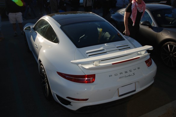 2014 White Porsche 911 Turbo S_3/4 rear view_cars&coffee_December 21, 2013
