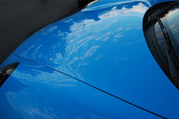 2014 Riviera Blue Porsche 991 with Aerokit Cup option_ front hood with cloud reflections_cars&coffee/irvine_November 30, 2013