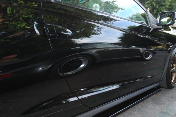 Charcoal Gray Porsche 930 Turbo_reflection in black Honda door_Cars&Coffee/Irvine_January 4, 2014